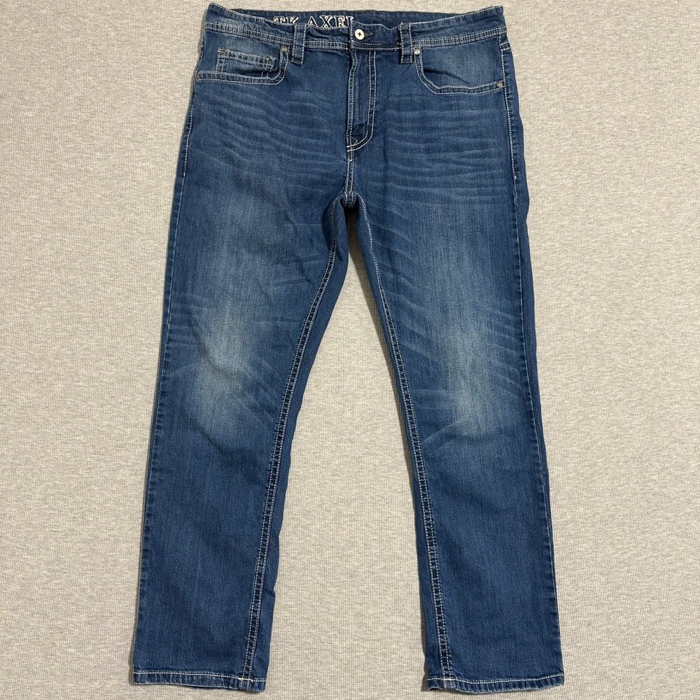 TK Axel Medium Wash Straight Leg Denim Jeans Blue Contrast Stitch‎ Mens 38x32